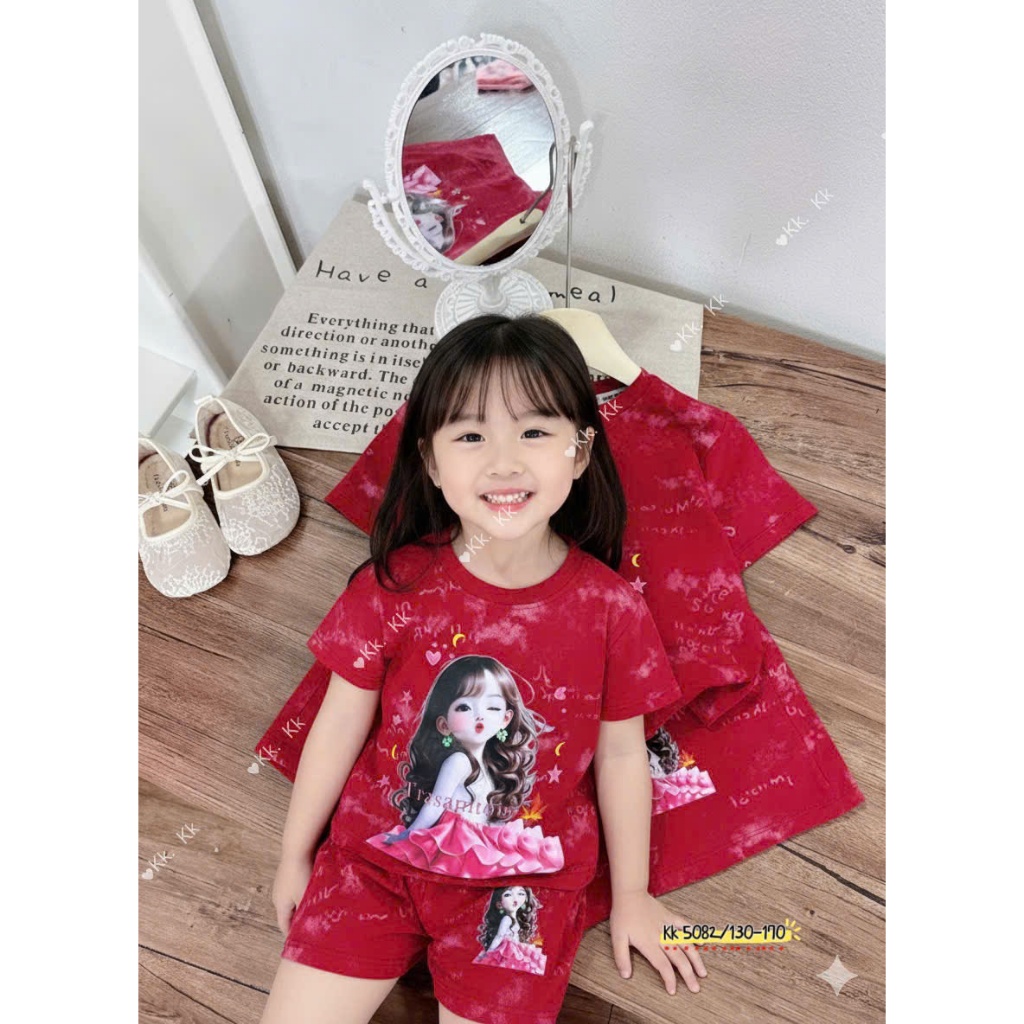 Bộ Cộc Tay Loang In Hình Cô Gái Dành Cho Bé Gái 9-42kg Chất Liệu Thoáng Mát