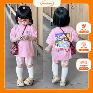 Set bé gái mùa hè cotton mềm mát, quần áo bé gái áo thun hồng dễ thương kèm quần short sọc Moonie Kid;B97/bộ barbie