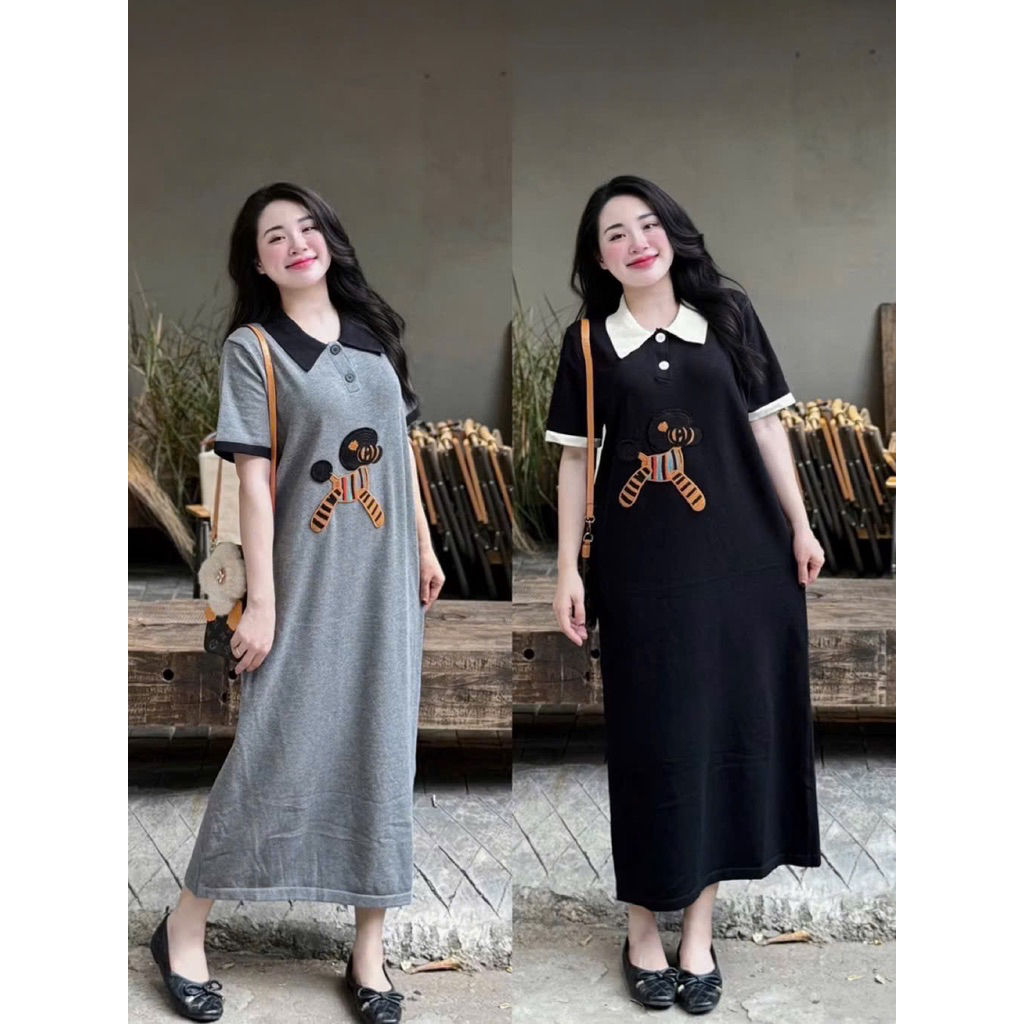 VÁY BẦU CỘC TAY ZIP DÁNG XUÔNG CỔ POLO THÊU HÌNH NGỰA - 2 Màu