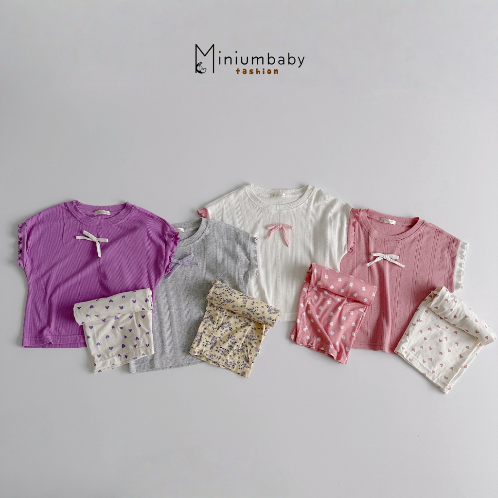 Set bộ cộc tay bé gái Miniumbaby đính nơ mix hoạ tiết dáng quần suông, chất cotton thoáng khí SB2397