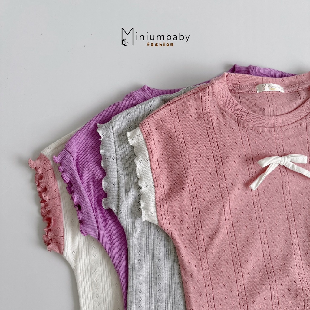 Set bộ cộc tay bé gái Miniumbaby đính nơ mix hoạ tiết dáng quần suông, chất cotton thoáng khí SB2397