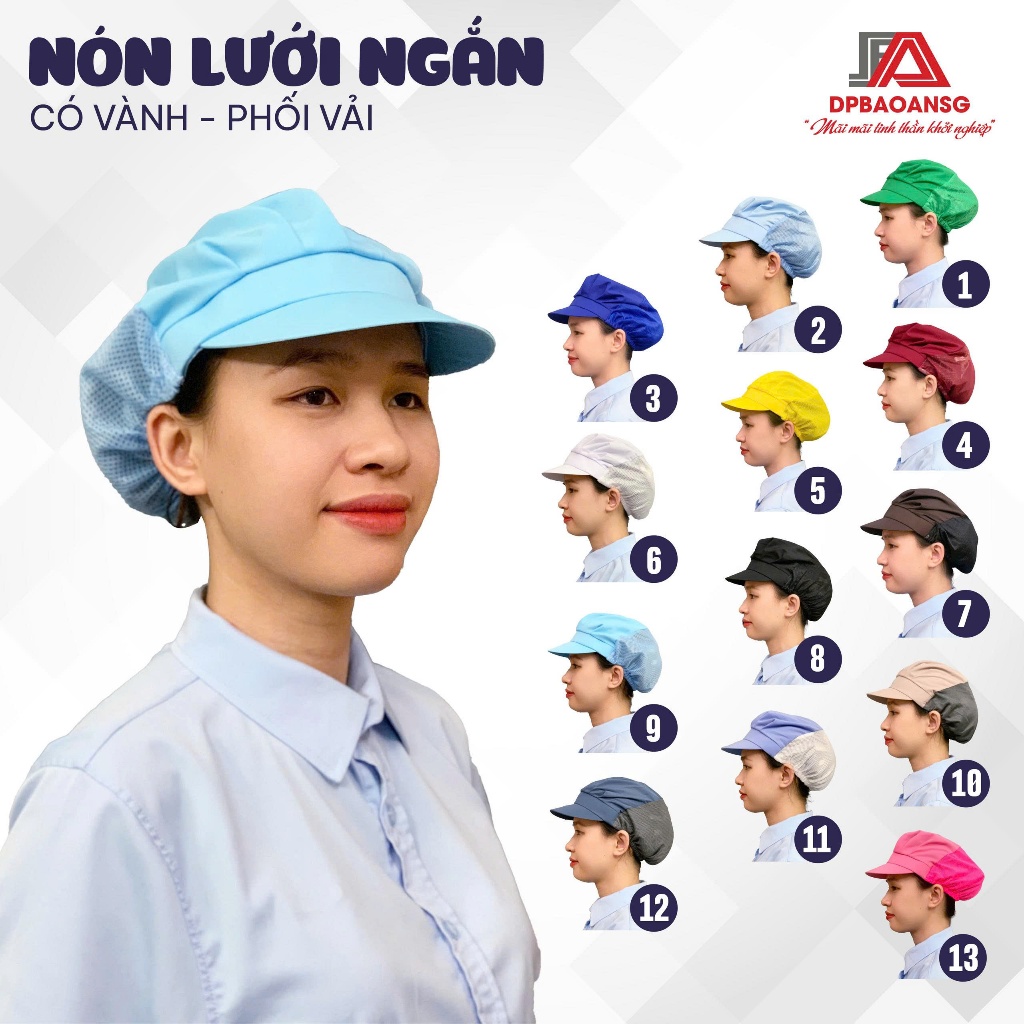 Nón Công Nhân Thủy Sản Phối Lưới Vành Ngắn – Dùng Trong Phòng Sạch, Nhà Máy Thực Phẩm