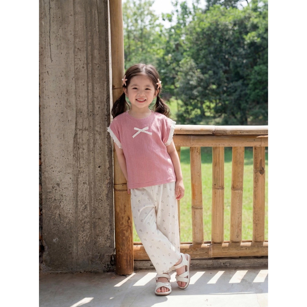 Set bộ cộc tay bé gái Miniumbaby đính nơ mix hoạ tiết dáng quần suông, chất cotton thoáng khí SB2397