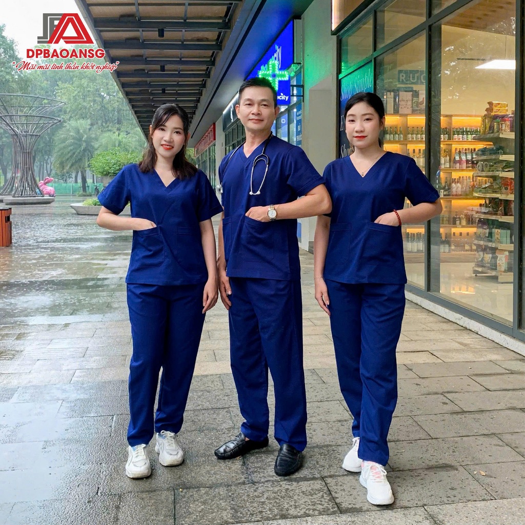 Bộ Scrubs Cao Cấp Nam Nữ Tay Ngắn Cổ Tim – Vải Thoáng Khí Co Giãn Đồng Phục Spa, Phòng Khám