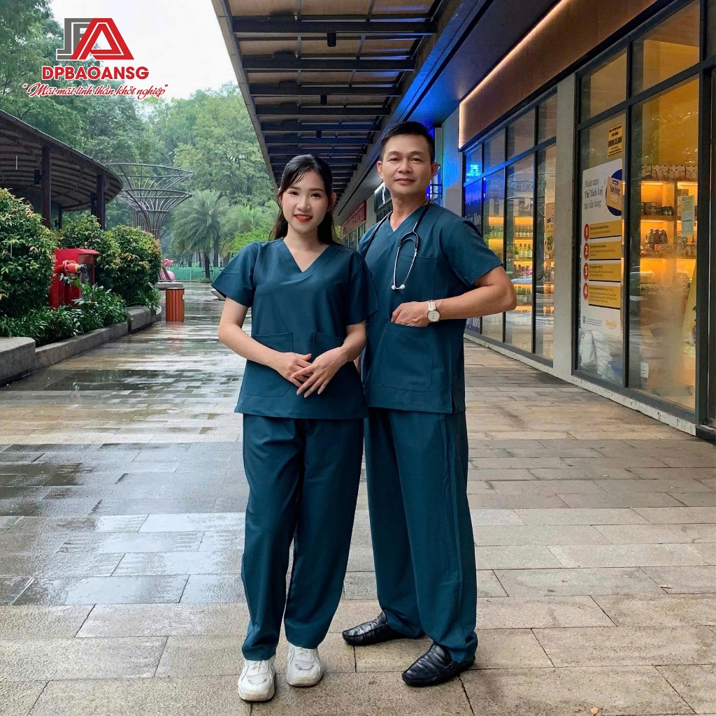 Bộ Scrubs Cao Cấp Nam Nữ Tay Ngắn Cổ Tim – Vải Thoáng Khí Co Giãn Đồng Phục Spa, Phòng Khám