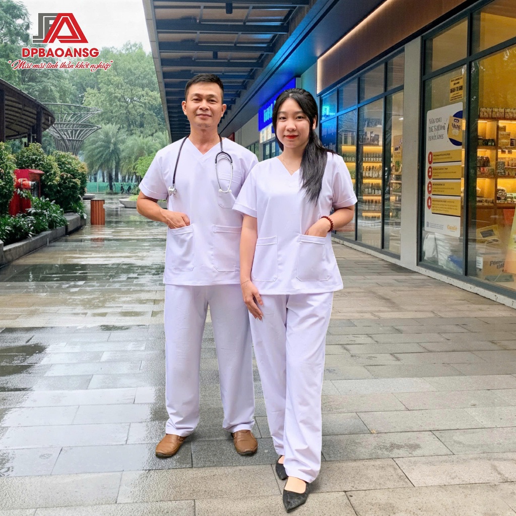 Bộ Scrubs Cao Cấp Nam Nữ Tay Ngắn Cổ Tim – Vải Thoáng Khí Co Giãn Đồng Phục Spa, Phòng Khám