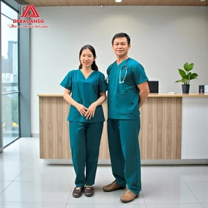 Bộ Scrubs Cao Cấp Nam Nữ Tay Ngắn Cổ Tim – Vải Thoáng Khí Co Giãn Đồng Phục Spa, Phòng Khám