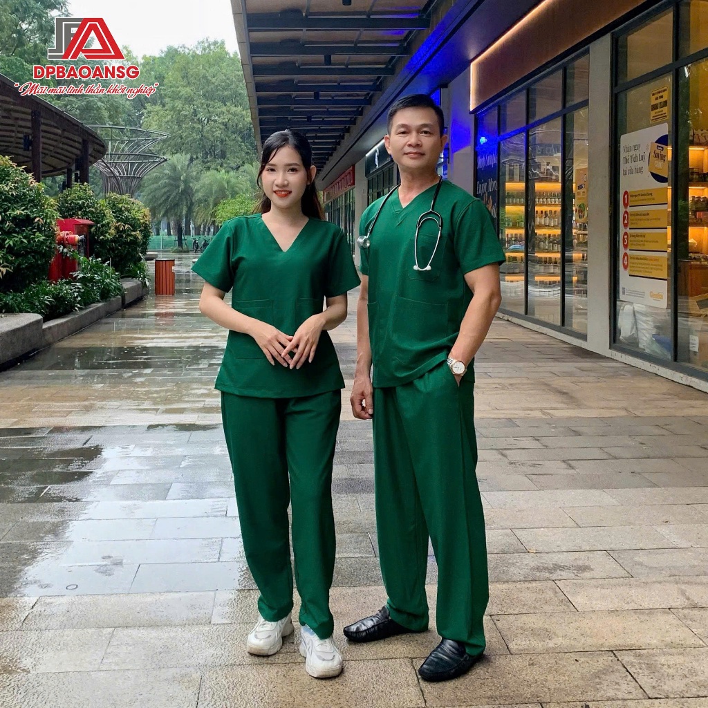 Bộ Scrubs Cao Cấp Nam Nữ Tay Ngắn Cổ Tim – Vải Thoáng Khí Co Giãn Đồng Phục Spa, Phòng Khám