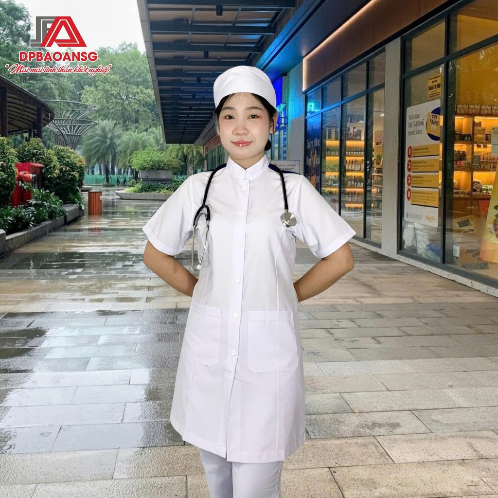 Áo Blouse Gắn Cầu Vai Xanh Cho Sinh Viên Y Khoa, Thực Tập Sinh - Tay Ngắn Cổ Trụ, Vải Ford Dày Dặn
