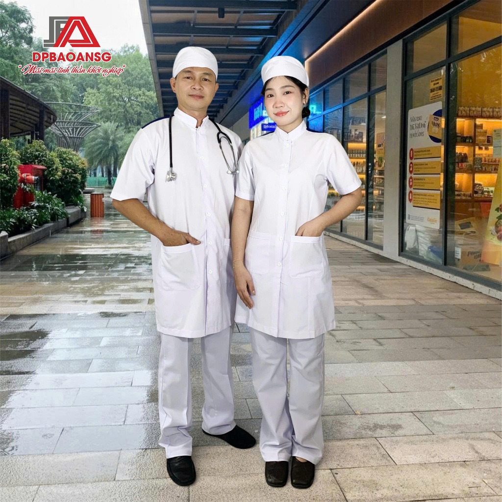 Áo Blouse Gắn Cầu Vai Xanh Cho Sinh Viên Y Khoa, Thực Tập Sinh - Tay Ngắn Cổ Trụ, Vải Ford Dày Dặn