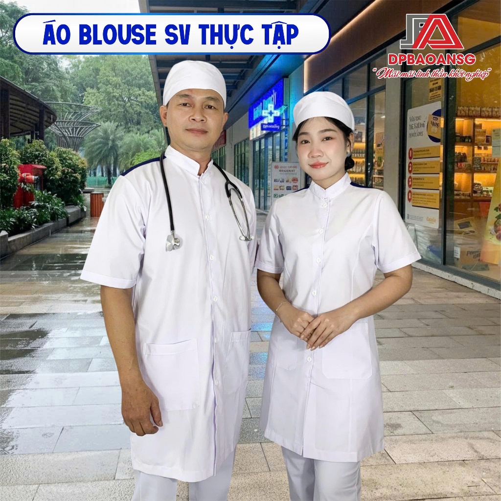 Áo Blouse Gắn Cầu Vai Xanh Cho Sinh Viên Y Khoa, Thực Tập Sinh - Tay Ngắn Cổ Trụ, Vải Ford Dày Dặn