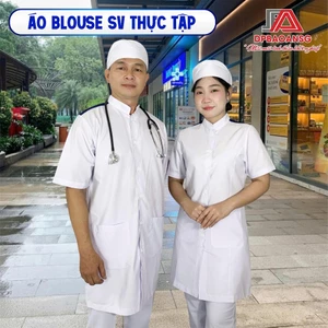 Áo Blouse Gắn Cầu Vai Xanh Cho Sinh Viên Y Khoa, Thực Tập Sinh - Tay Ngắn Cổ Trụ, Vải Ford Dày Dặn