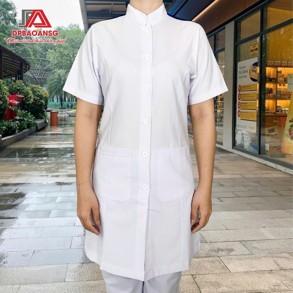 Áo Blouse Gắn Cầu Vai Xanh Cho Sinh Viên Y Khoa, Thực Tập Sinh - Tay Ngắn Cổ Trụ, Vải Ford Dày Dặn