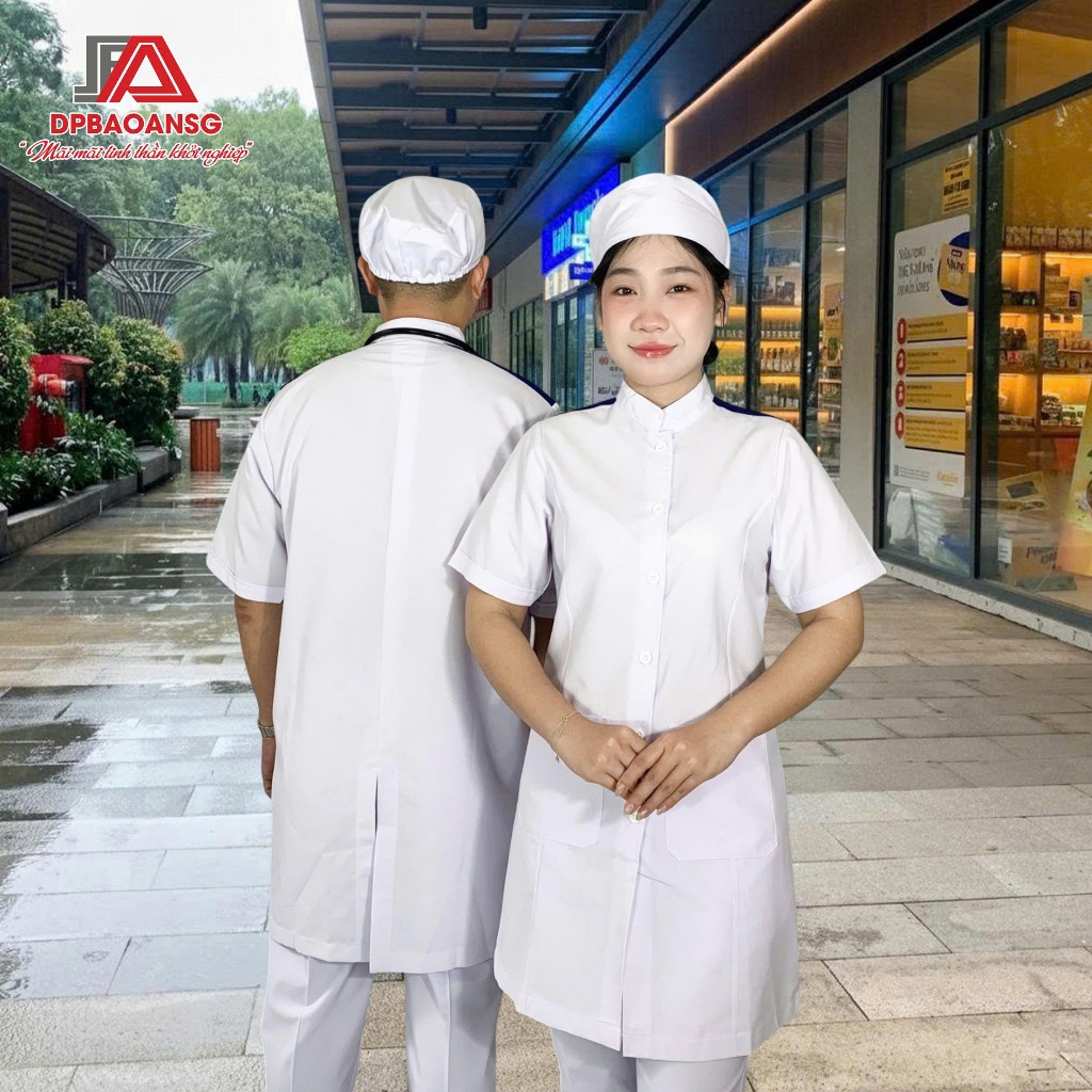 Áo Blouse Gắn Cầu Vai Xanh Cho Sinh Viên Y Khoa, Thực Tập Sinh - Tay Ngắn Cổ Trụ, Vải Ford Dày Dặn