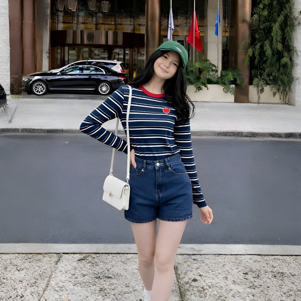 Áo Tay Dài Mirage Sọc Ngang Nhí Xanh Chất Thun Gân Mềm Mịn Thoáng Mát.