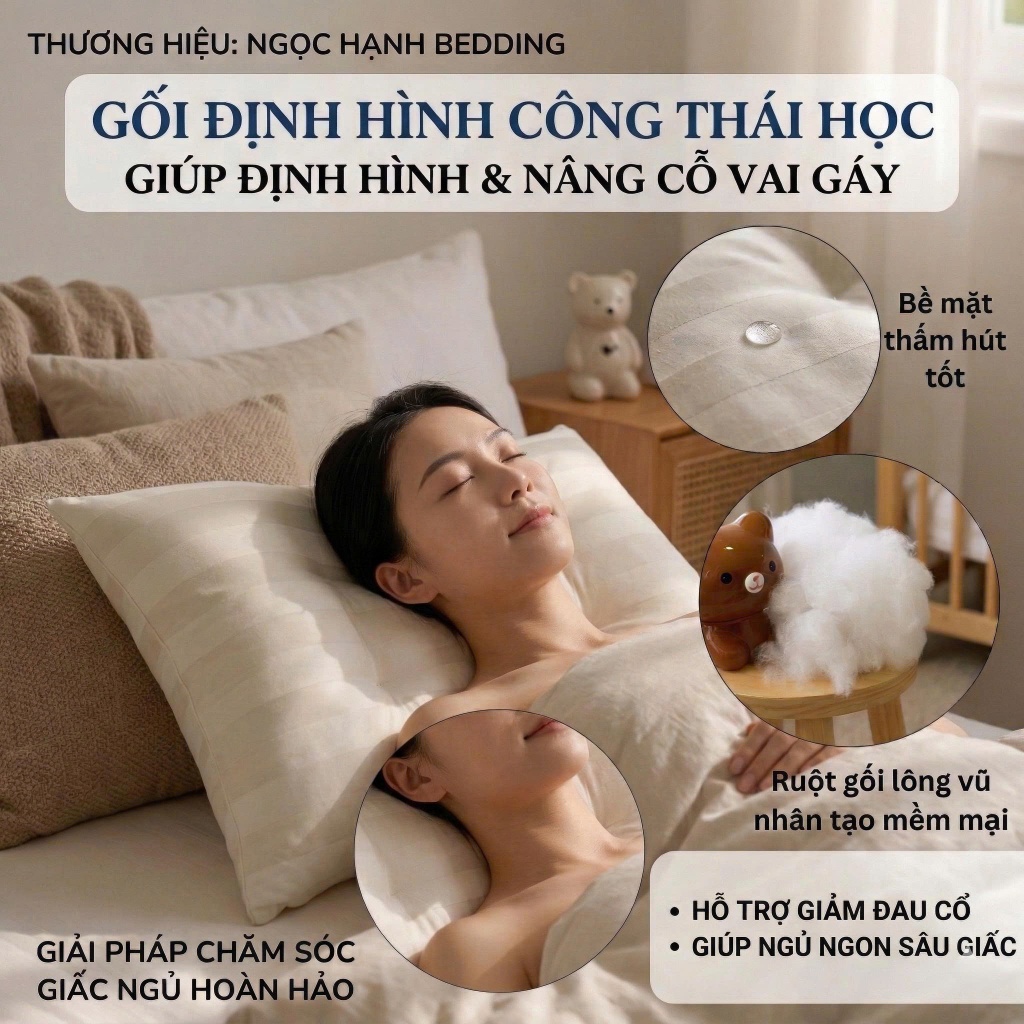 Gối Công Thái Học Lông Vũ Cao Cấp hỗ trỡ đau cổ vai gáy, đình hình cổ vai gáy - Ngọc Hạnh Bedding