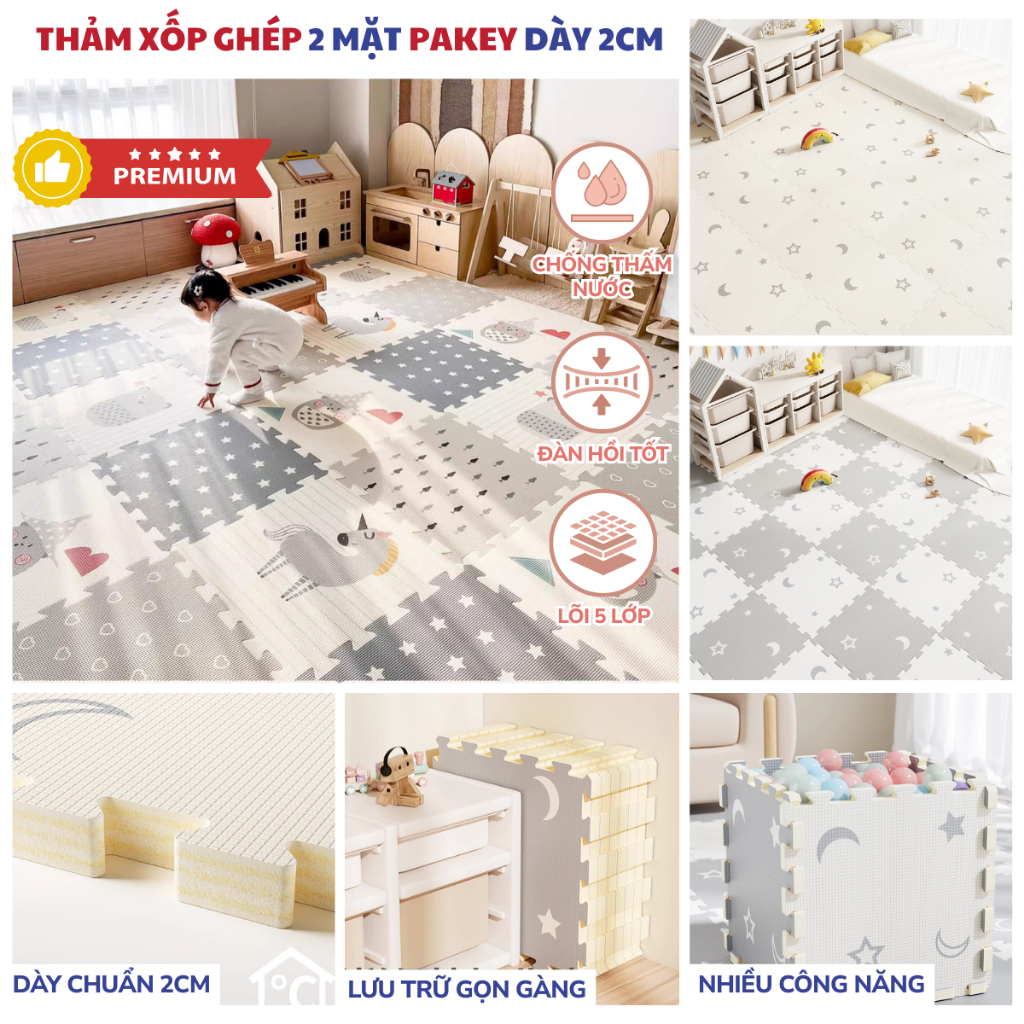 [HỎA TỐC HCM] Thảm Xốp Ghép XPE Pakey Thảm Tập Bò Nằm Chơi Dày Dặn 2cm An Toàn Chống Trơn Trượt Cho Bé