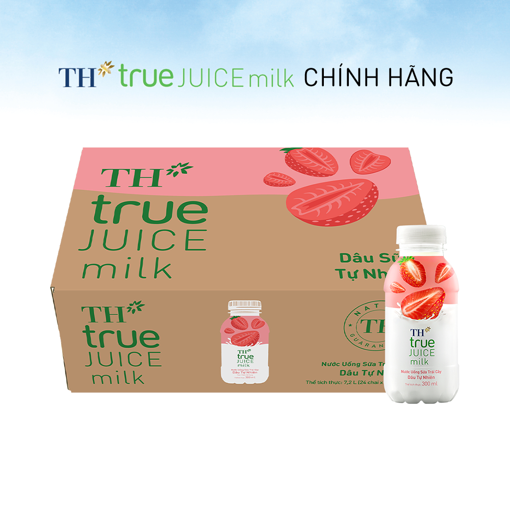 Thùng 24 chai nước uống sữa trái cây TH true JUICE milk dâu tự nhiên 300 ml (300 ml x 24)