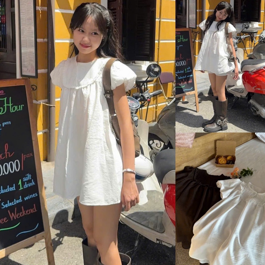 [KO KÈM QUẦN]Áo váy sơ mi nữ A.840, Áo váy sơ mi cổ tròn xếp ly phối cúc tay ngắn bồng dáng xuông - SHOP CHẤM BI