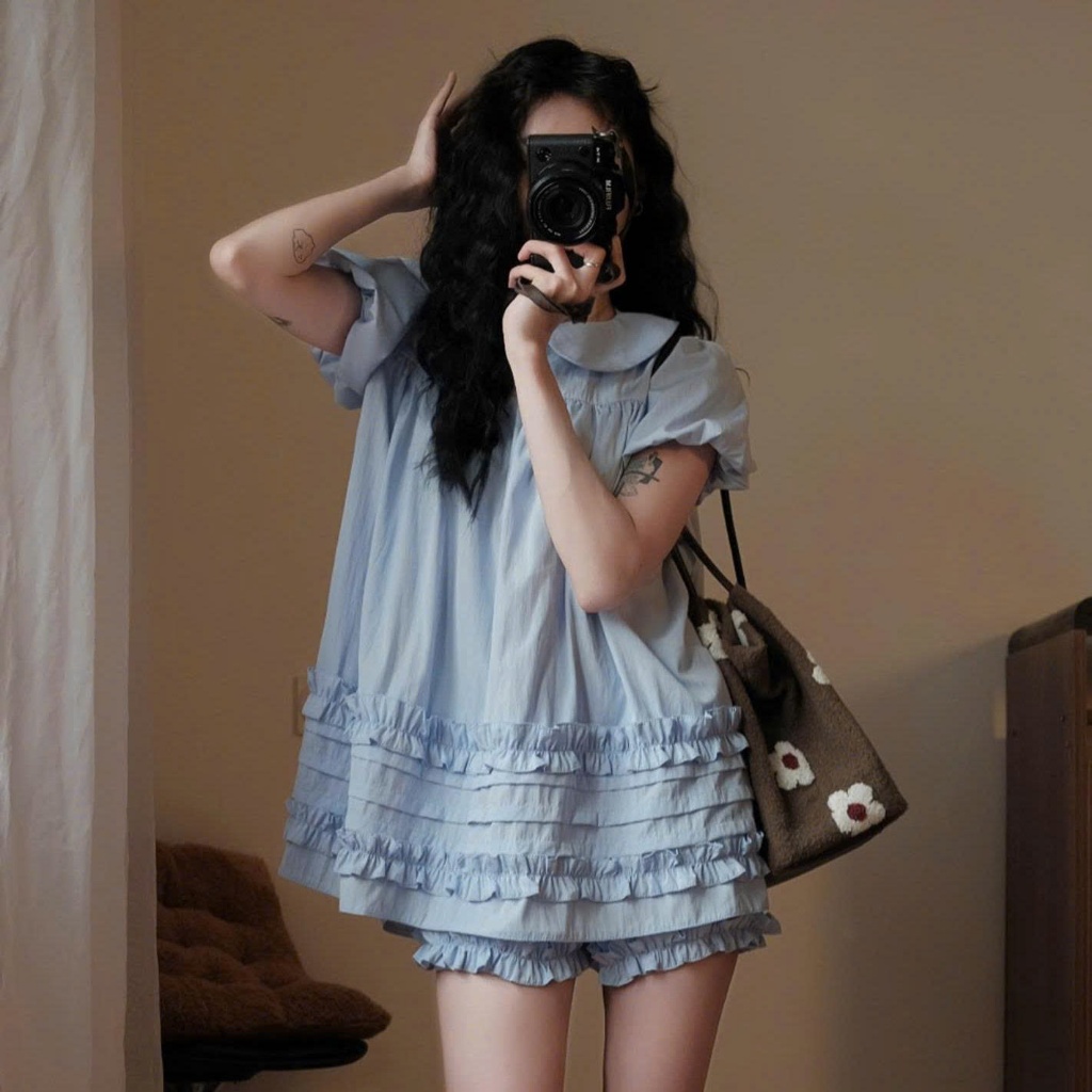 (Tặng quần bí) Áo Váy Babydoll Cổ Sen 2 Lớp Form Rộng Gấu Viền Bèo Kèm Quần Bí Phồng Bo Chun 247Store