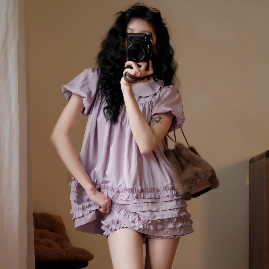(Tặng quần bí) Áo Váy Babydoll Cổ Sen 2 Lớp Form Rộng Gấu Viền Bèo Kèm Quần Bí Phồng Bo Chun 247Store