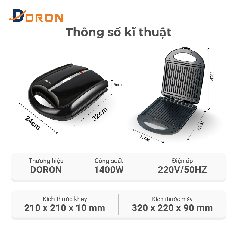Máy ép nóng bánh mì DORON 1400W làm nóng đều 2 mặt khuôn, bánh thơm ngon