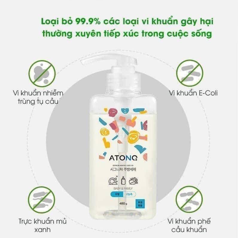 Nước rửa bình sữa Atono2 480g Hàn quốc, nước rửa bát và rau củ thuần chay, an toàn cho bé sơ sinh
