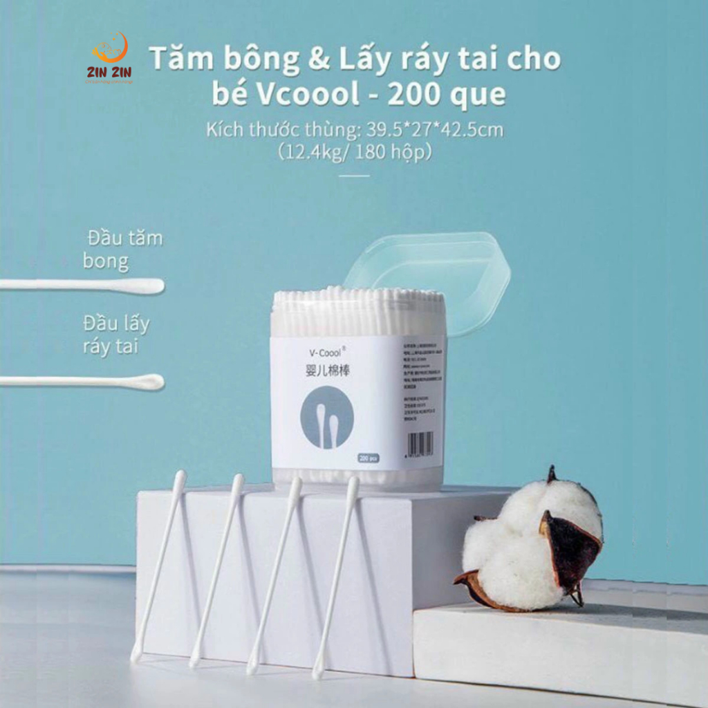 Tăm bông cho bé sơ sinh V-Coool, hộp 200 que