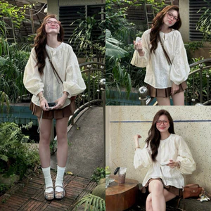 Áo ren xô hoa cổ tàu tay phồng dáng rộng Michu Babydoll