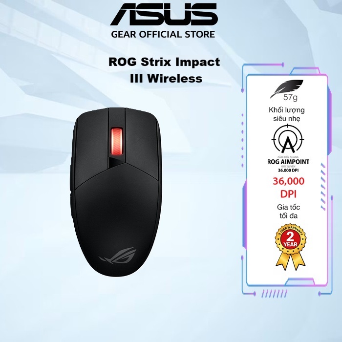 Chuột Game không dây Asus Rog Strix Impact III wireless, kết nối usb 2.4Hz / Bluetooh, DPI 36000, cảm biến Ampoint