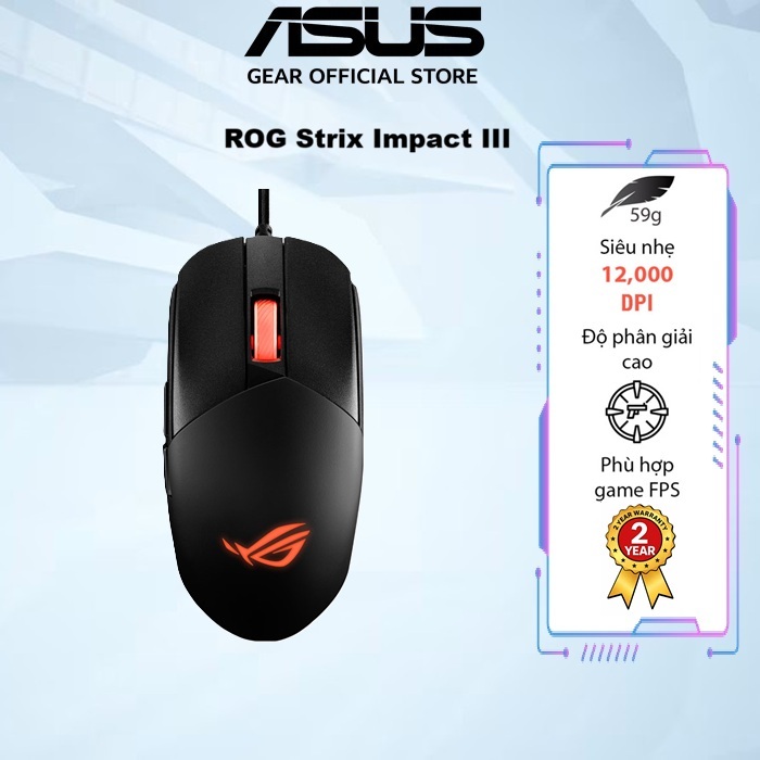 Chuột game có dây ASUS ROG STRIX IMPACT III, siêu nhẹ, cảm biến quang học 12.000 dpi, switch dễ thay thế