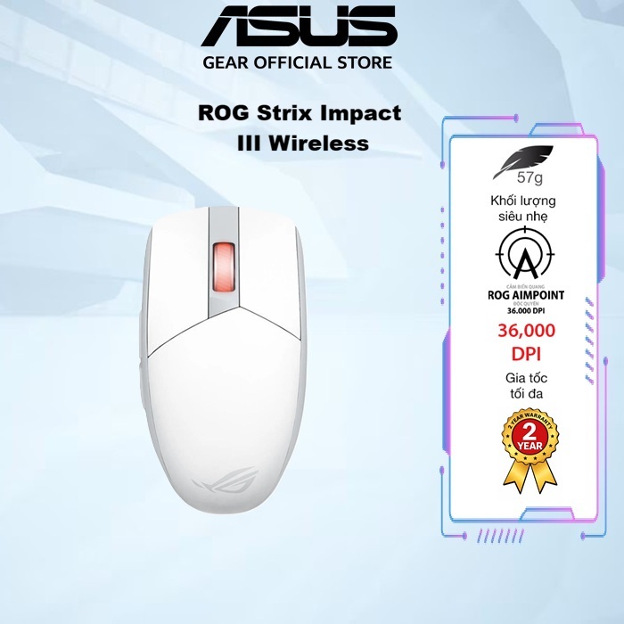 Chuột Game không dây Asus Rog Strix Impact III wireless (Trắng), kết nối usb 2.4Hz / Bluetooh, DPI 36000
