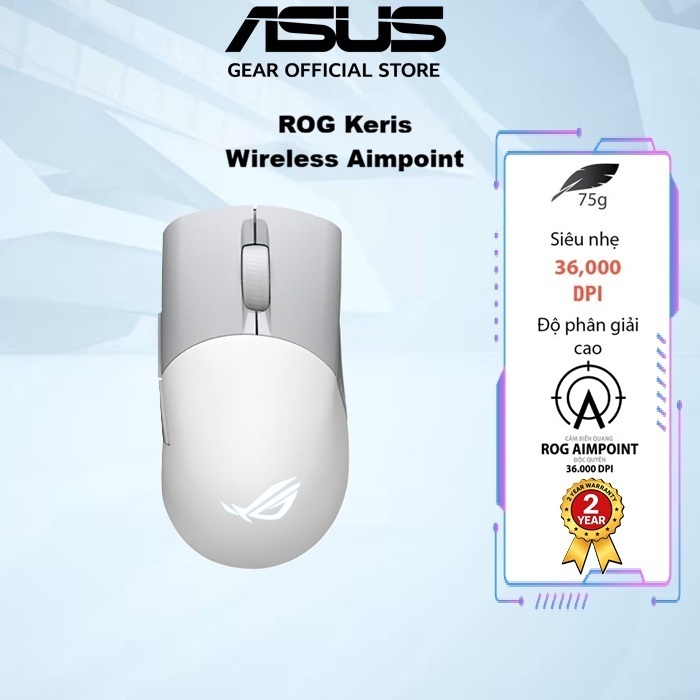 Chuột game FPS không dây ASUS ROG KERIS Wireless AIMPOINT màu trắng, cảm biến ROG Aimpoint, 36000 DPI