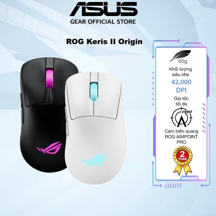 Chuột gaming không dây Asus Rog Keris II Origin, Form công thái học siêu nhẹ chỉ 65 gram, led RGB