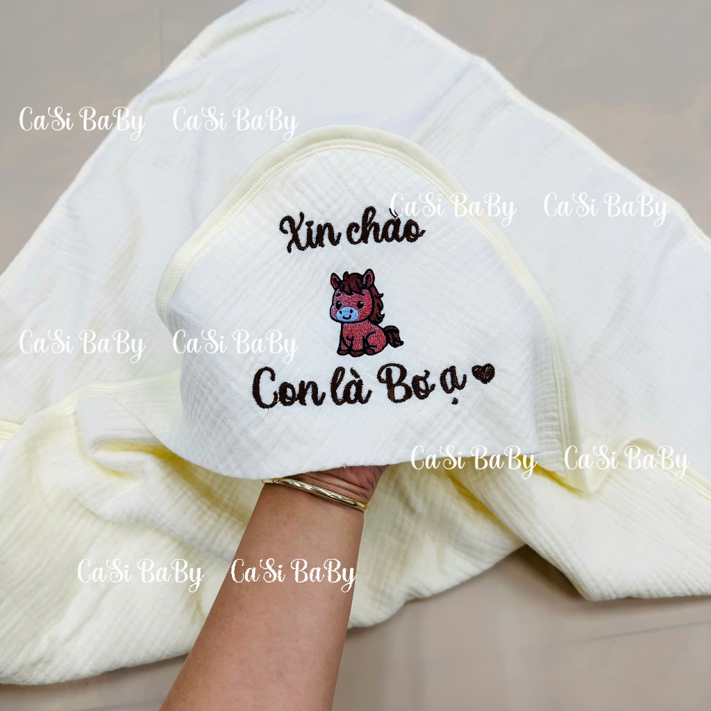 Ủ Thêu Tên Sơ Sinh Xô Muslin 6 Lớp Màu Be Kem, Êm Ái Cho Bé – CaSi