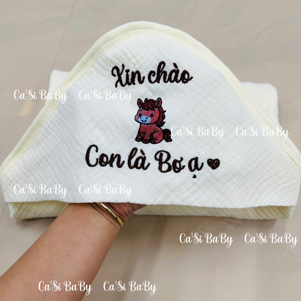Ủ Thêu Tên Sơ Sinh Xô Muslin 6 Lớp Màu Be Kem, Êm Ái Cho Bé – CaSi