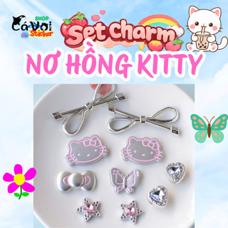 Set Charm Hello Kitty Nơ Hồng Lấp Lánh Gắn Dép Dễ Thương- Tone màu bạc hồng