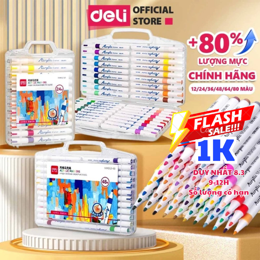 [HỌA CỤ DELI] Bút Sơn Acrylic Marker Deli THÊM 80% MỰC-12/24/36/48/64/80 Màu Tô Trên Mọi Chất Liệu Vẽ Giày Vải Chai Lọ