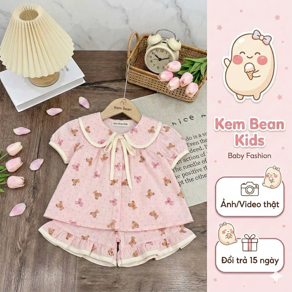 (Mekembean) Bộ pijama cộc tay bé gái bánh bèo siuuu yêu bé gái , bộ pijama bé gái cộc tay , bộ pijama bé gái mùa hè