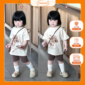 Set đồ bé gái áo thun in hình cún dễ thương phối quần short chất cotton mềm mát Moonie Kido - B11/ bộ chó nâu