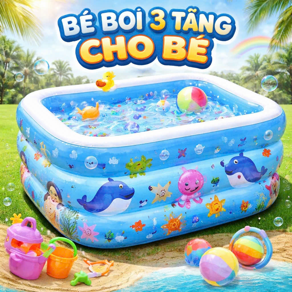 Bể bơi cho bé 3 tầng Đủ kích cỡ có đáy chống trượt , phao bơi cao cấp