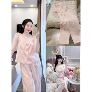 Bộ ngủ áo 2 dây thắt nơ quần viền ren