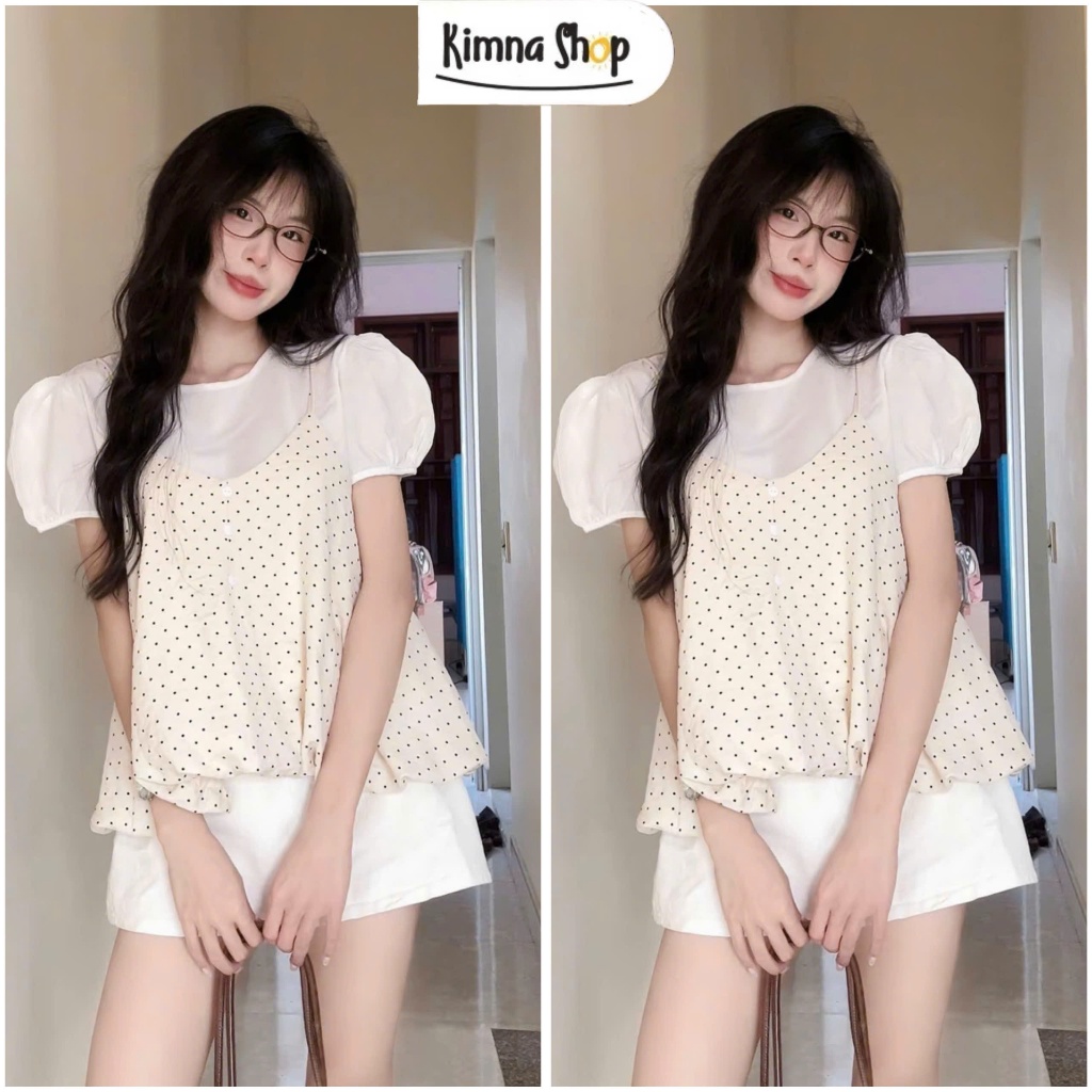 [CÓ TÁCH LẺ] Set Yếm Chấm Bi Dáng Bí Phối Cúc Kèm Áo Tay Bồng Tiểu Thư