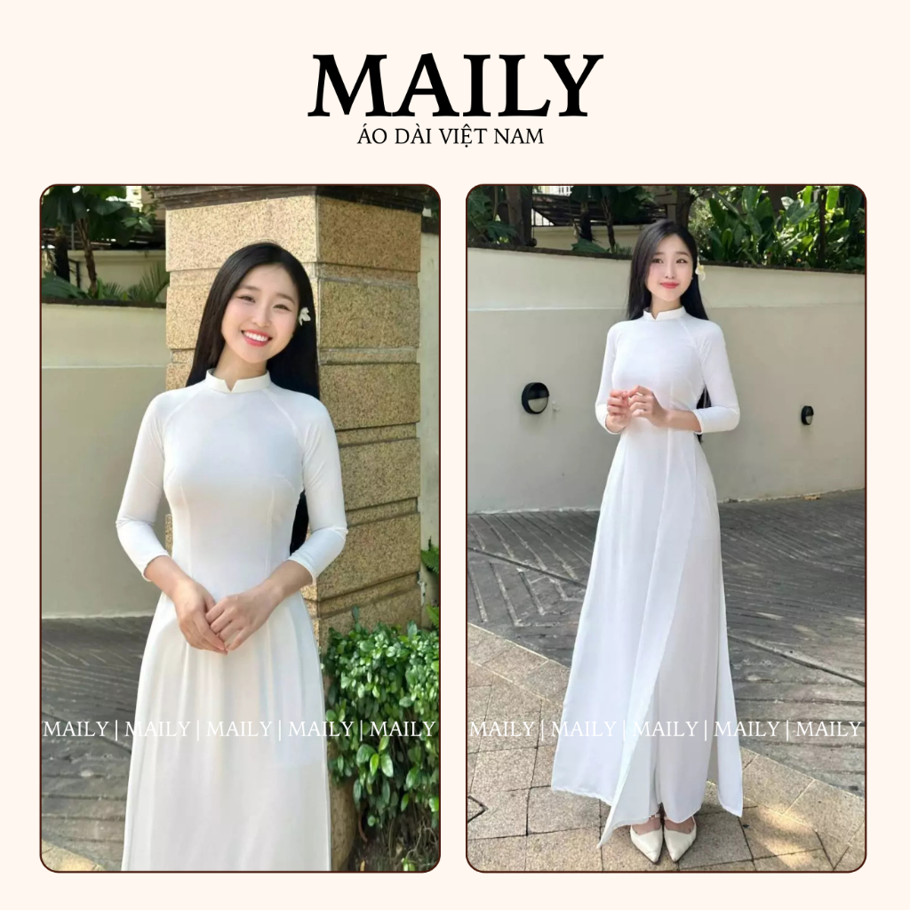 Áo Dài Trắng Học Sinh Cấp 3, Chất Lụa Mỹ Thoáng Mát Thiết Kế Cổ Chữ V Cao 2 Phân - ÁO DÀI MAILY