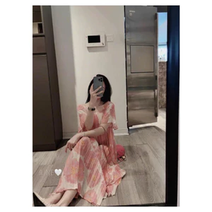 Đầm Bầu Xinh Thiết Kế Hoa xinh xắn Chất lụa voan dập ly hai lớp đi dự tiệc công sở đẹp thời trang