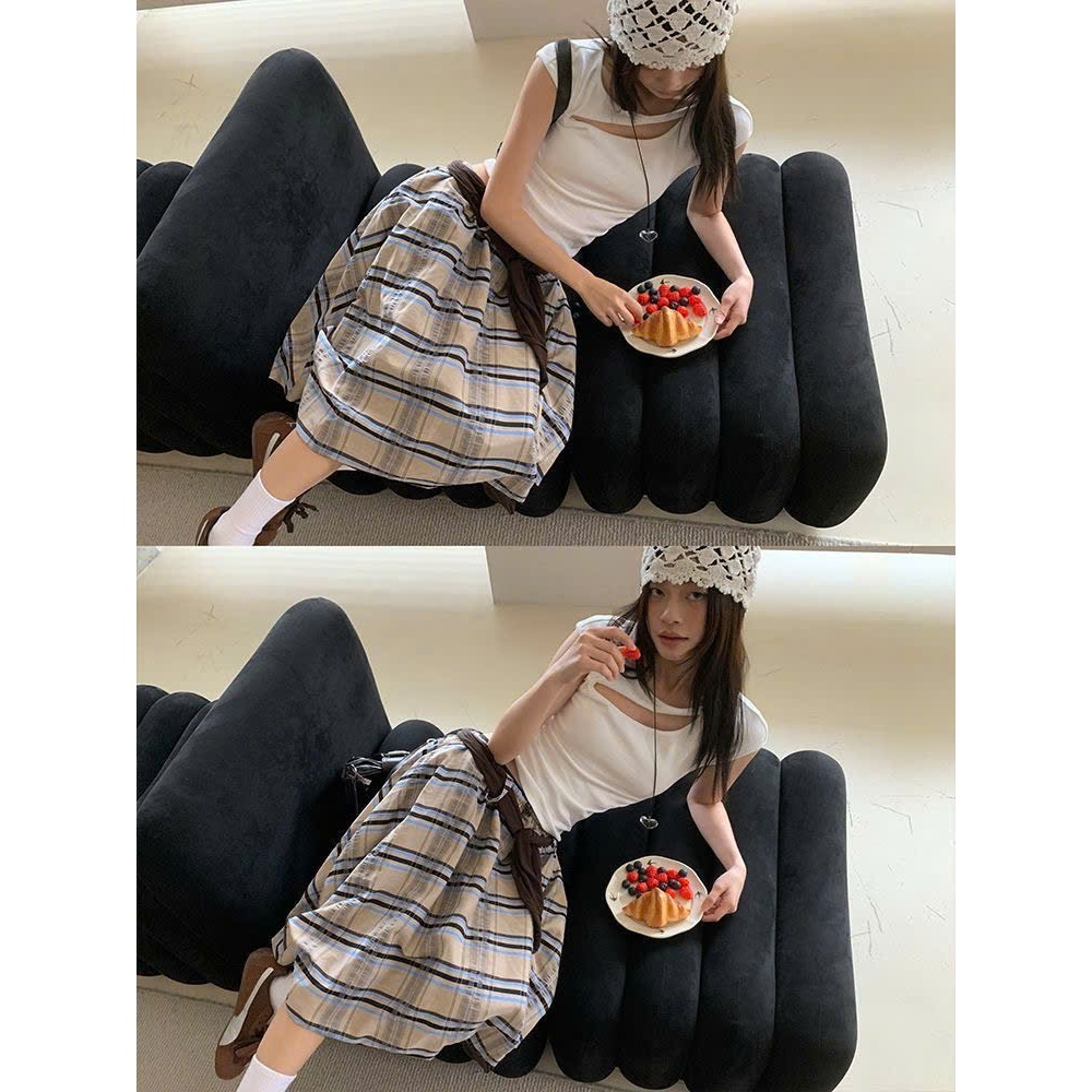 (sẵn M, XL)Chân váy dài qua gối dáng xoè kẻ caro kèm phụ kiện đai màu nâu phong cách ulzzang CV026 - Tiktik