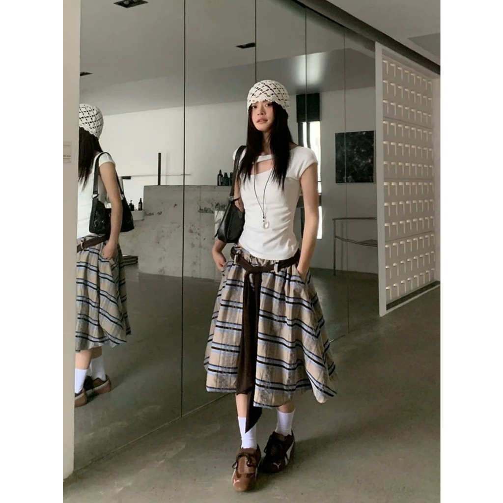 (sẵn M, XL)Chân váy dài qua gối dáng xoè kẻ caro kèm phụ kiện đai màu nâu phong cách ulzzang CV026 - Tiktik