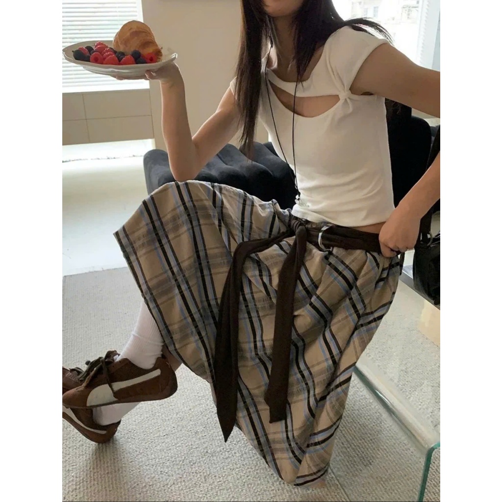 (sẵn M, XL)Chân váy dài qua gối dáng xoè kẻ caro kèm phụ kiện đai màu nâu phong cách ulzzang CV026 - Tiktik