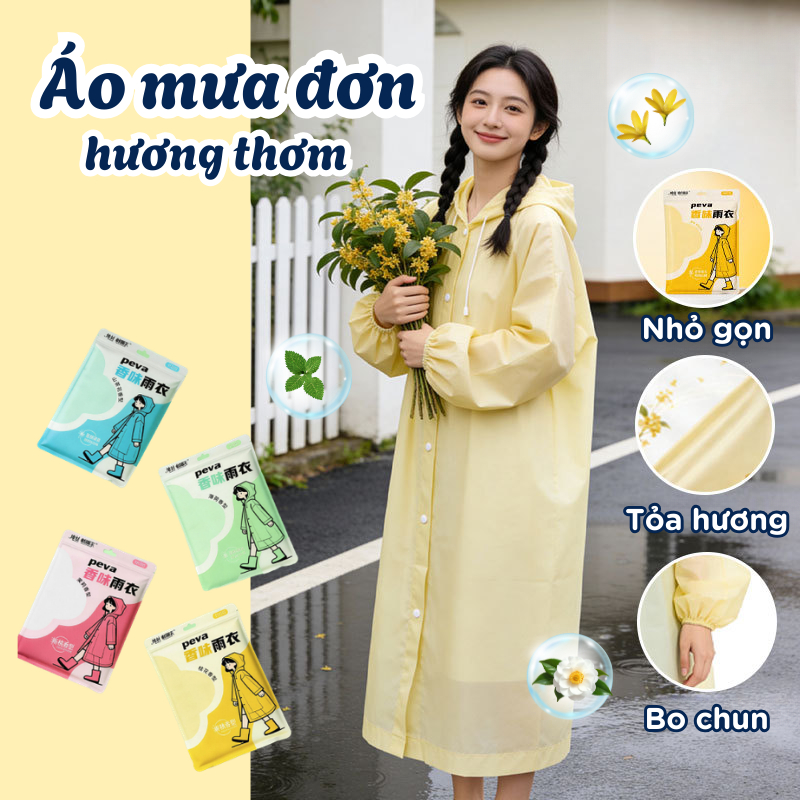 Áo mưa PEVA hương thơm chống nước cao cấp, Áo mưa dáng dài có mùi thơm, nhẹ gọn, bo chun tay tiện lợi