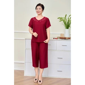Đồ bộ mặc nhà trung niên nữ áo cộc quần ngố linen mềm mại SUNFLY SP2260